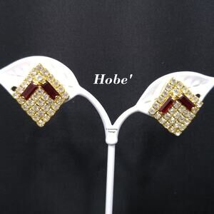 Hobe’ 1960s Clear & Red Rhinestone Diamond Clip Earrings Vintage Jewelry